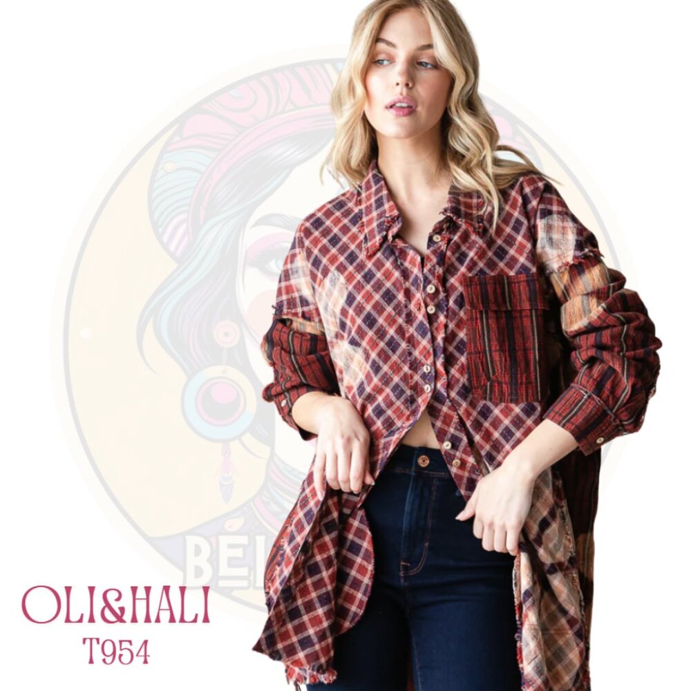 T954 OLI & HALI Rust Bleached Flower Plaid Button Up Flannel Shirt